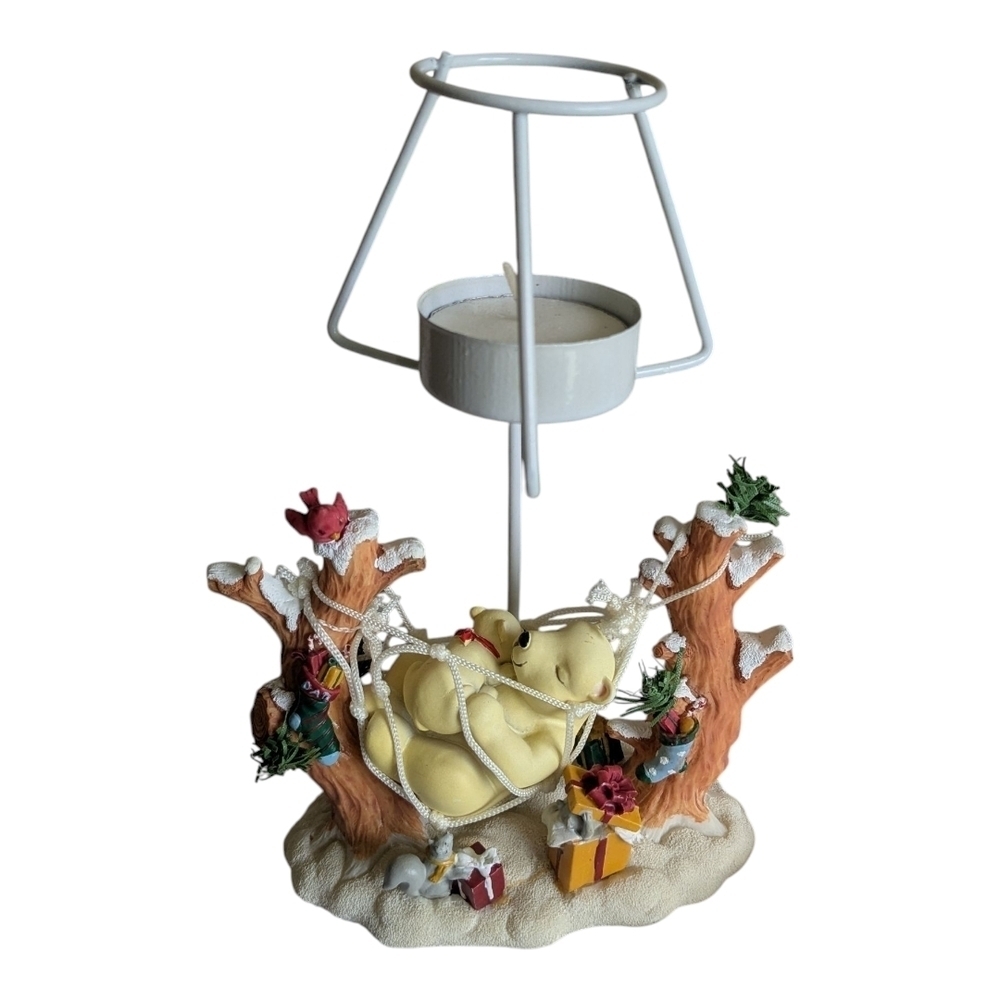 Vintage Christmas Tea Candle Holder with Bear In Hammock With Gifts